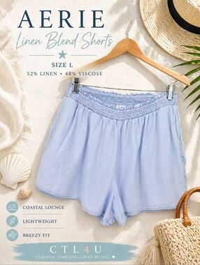 Aerie Linen Blend Shorts Blue Size L Elastic Waist Lightweight